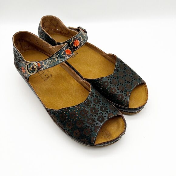 L’Artiste Spring Step Delphi’s Navy Blue Floral Leather Open Toe Wedge Sandal 42 - Picture 2 of 13